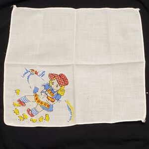 Antique / Vintage Children's hankie, little girl in bonnet feeding chick's. 🐤